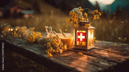 A rustic wooden table with a Swiss flag lantern, alpine flowers, and golden cheese fondue, celebrating Swiss heritage and alpine charm.