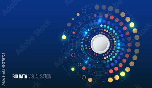 Visualization of big data in the form of concentric circles, digital elements and bright color accents. Symbolizes data analysis, digital technologies, artificial intelligence and cyberspace.