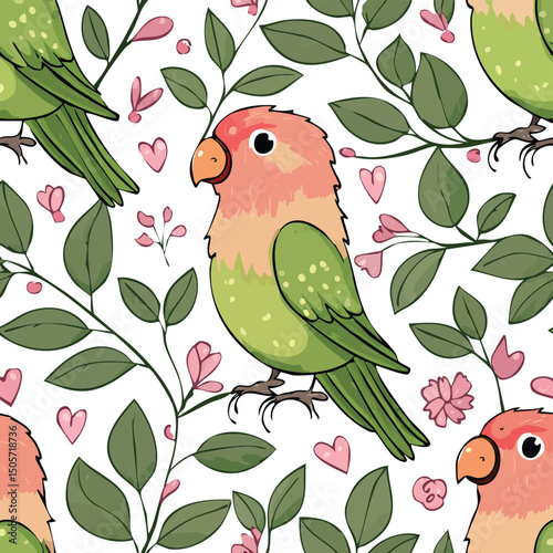 Lovebird Vector Illustration with Seamless Pattern Design