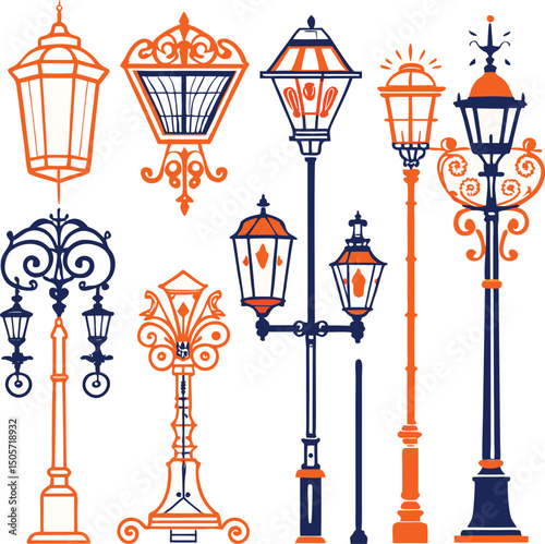 Color line art street light lamp icon
