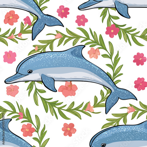 Bottlenose Dolphin Vector Illustration with Seamless Pattern Design