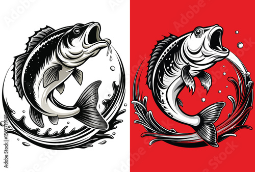 Stylized Bass Fish Catching Water Splashes in Black and White Illustration