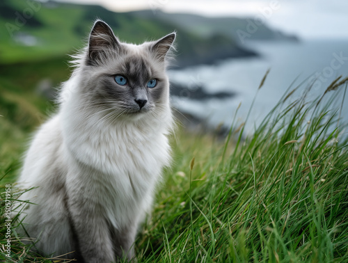 Grey ragdoll cat sitting on green grass in spring landscape with sea in the background, full-body view in natural light with shallow depth of field, realistic outdoor animal portrait