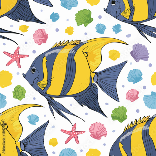 Angelfish  Vector Illustration with Seamless Pattern Design