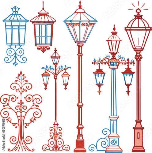 Color line art street light lamp icon