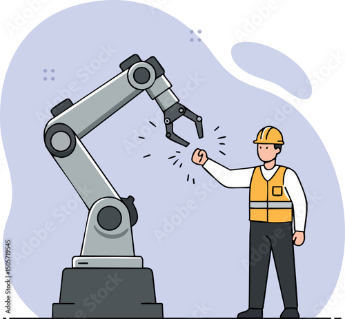 Industrial robotic arm and worker giving fist bump teamwork concept vector illustration 