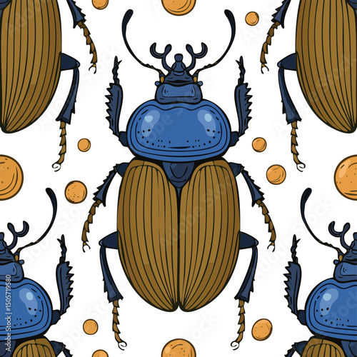 Dung Beetle Vector Illustration with Seamless Pattern Design