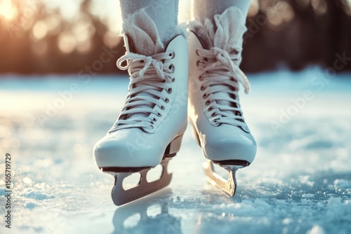 Ice skater figure skates gliding on smooth ice photo