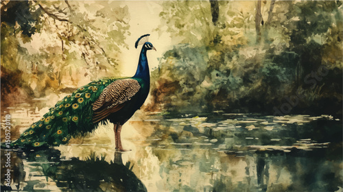 Elegant peacock with feathers spread out watercolor. Vector illustration