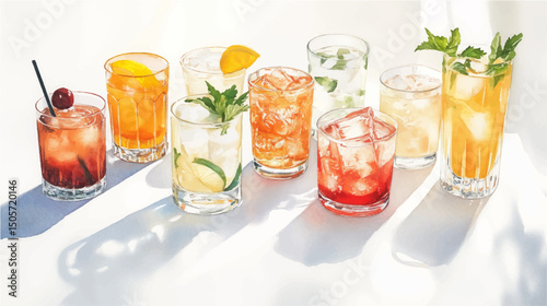Vector illustration of different cocktails on the table, watercolor paint