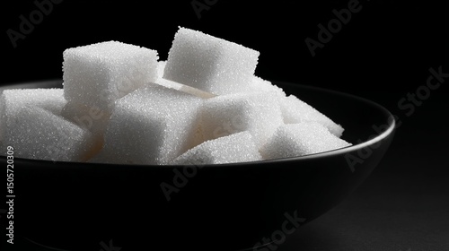 A close-up view of sugar cubes stacked in a black bowl. The strong contrast creates a striking visual impact. This image captures simplicity and elegance in food photography. AI