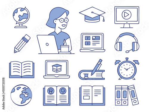 Flat Line E-Learning & Education Icons – Minimal Blue Style
