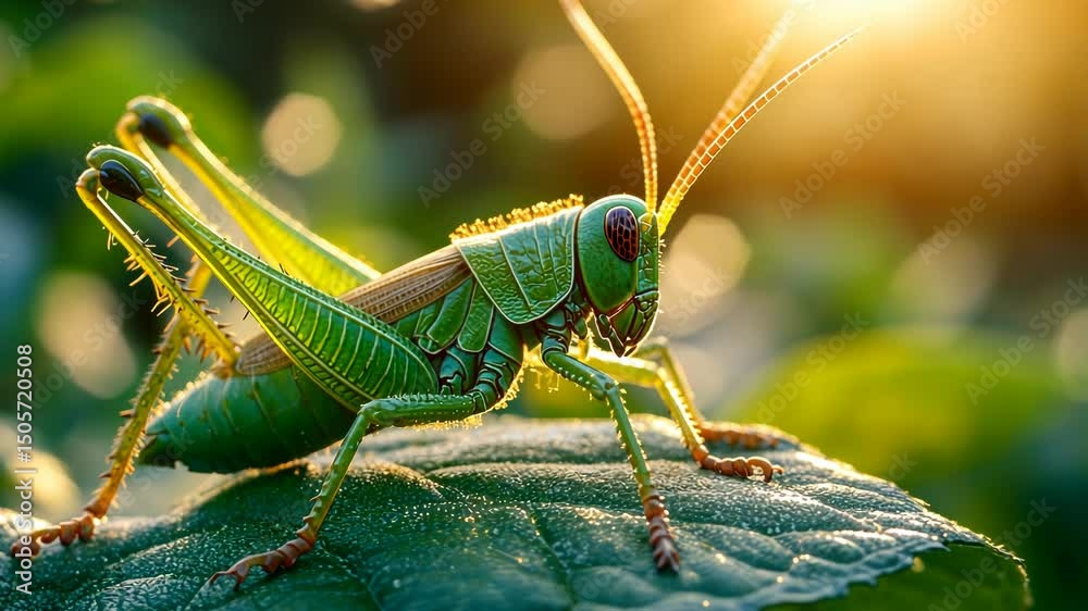 Vibrant green grasshopper perched on a dewy leaf, bathed in golden sunlight