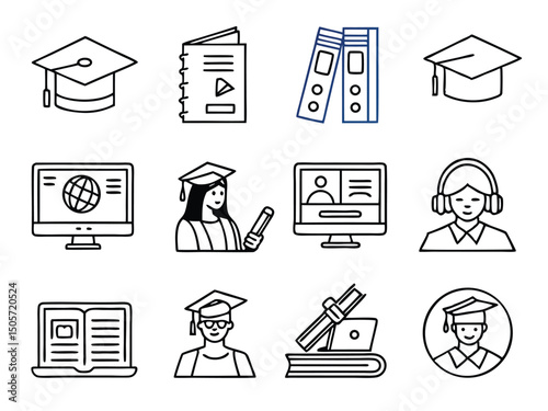 Flat Line E-Learning & Education Icons – Minimal Blue Style