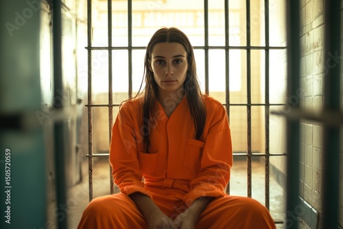 Prison inmate in orange uniform behind jail cell bars photo