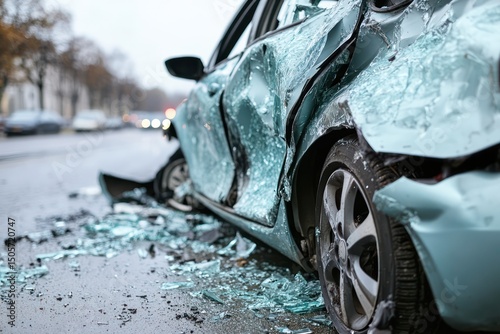 Severely damaged car after collision with scattered debris photo