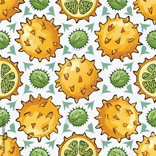 Horned Melon Vector Illustration with Seamless Pattern Design