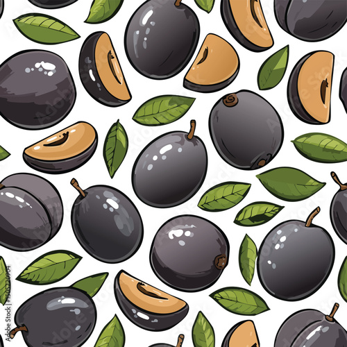 Black Sapote Vector Illustration with Seamless Pattern Design