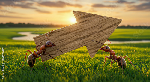 Ants Carrying Wooden Arrow Sign Teamwork, Progress, and Goal Achievement Concept