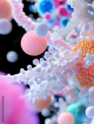 Colorful Viral Abstract 3D Illustration - A vibrant 3D of abstract viral forms, symbolizing infection, growth, connection, transformation, and cellular structures