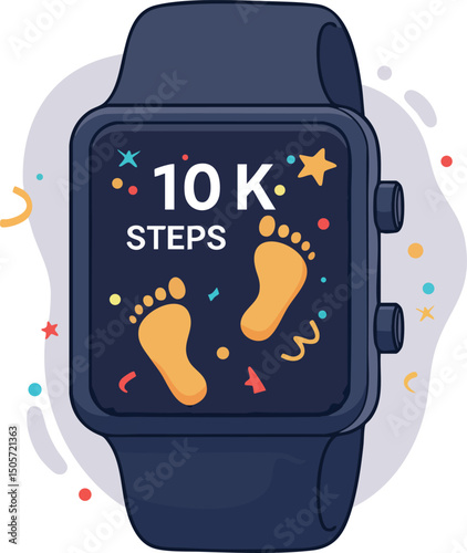 Smartwatch fitness tracker showing 10k steps with colorful confetti celebration vector illustration 