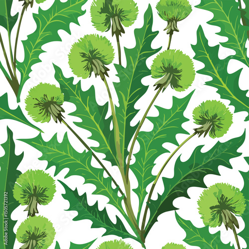 Dandelion Greens Vector Illustration with Seamless Pattern Design