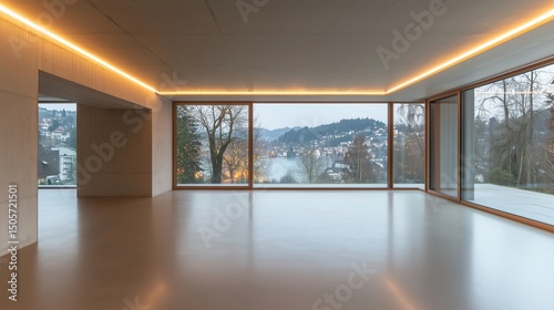 Modern concrete hall with glowing windows  embodying simplicity and clean minimalism in architectural design.