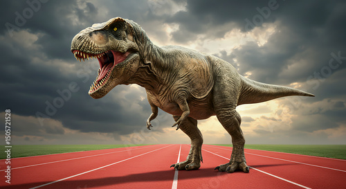 Tyrannosaurus Rex on Running Track Prehistoric Power and Modern Speed