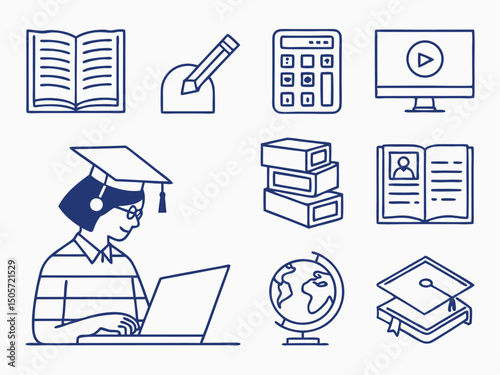 Flat Line Icons Collection – E-Learning & Education (Blue Minimal Theme)