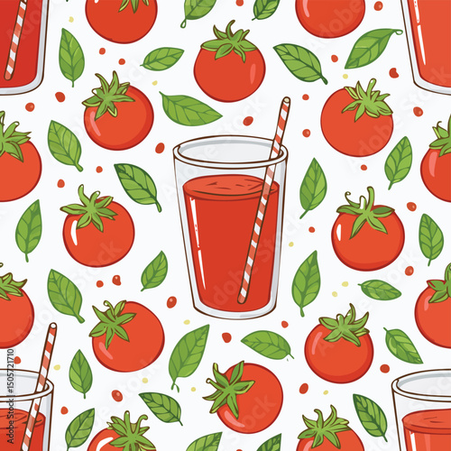 Tomato Juice Vector Illustration with Seamless Pattern Design