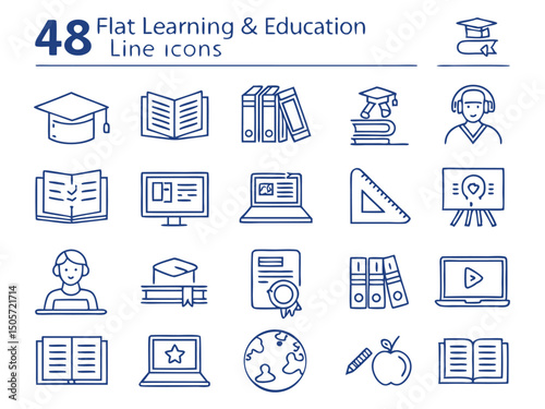 Flat Line Icons Collection – E-Learning & Education (Blue Minimal Theme)