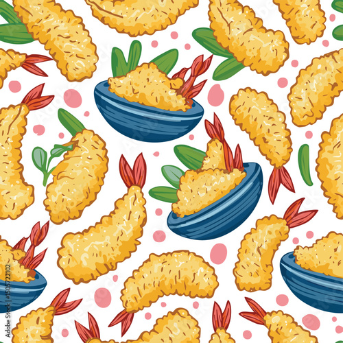 Shrimp Tempura Vector Illustration with Seamless Pattern Design