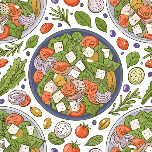 Greek Salad Vector Illustration with Seamless Pattern Design