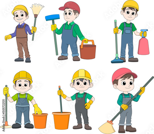 Cartoon Set of Cleaning Workers with Equipment