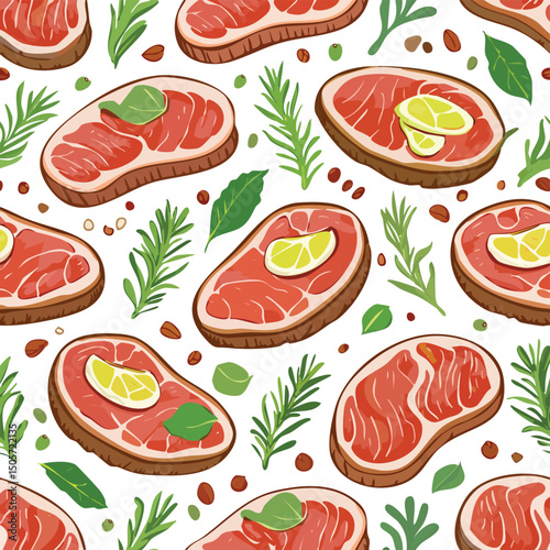Beef Steak Vector Illustration with Seamless Pattern Design