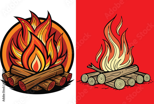 Cartoon Campfire Illustration with Logs and Flames on White and Red Backgrounds
