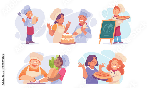 Vibrant and Colorful Illustrations Featuring Chefs Engaged in Various Baking Activities