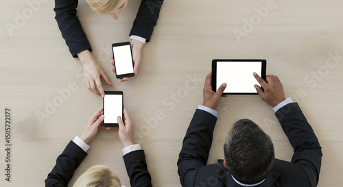 Business Professionals Collaborating on Mobile Devices Top-Down View of Teamwork and Technology Integration