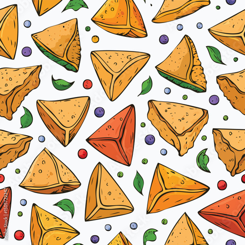 Samosas Vector Illustration with Seamless Pattern Design