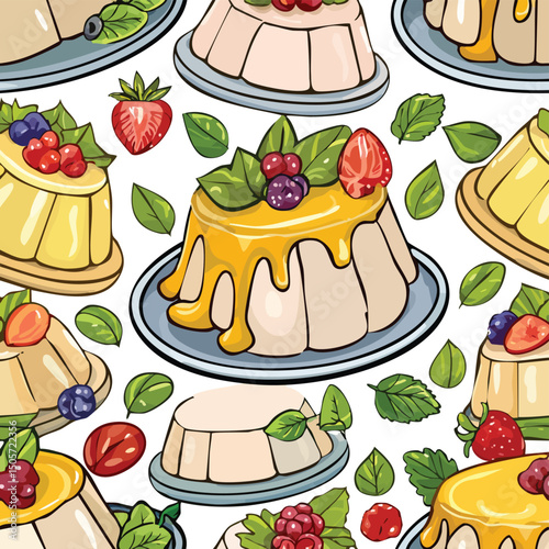 Panna Cotta Vector Illustration with Seamless Pattern Design