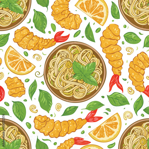 Tempura Udon Vector Illustration with Seamless Pattern Design