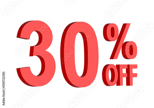 30 percent off discount text graphic in bold red 3D letters, for promotional sale banner icon, coupons, and special offers, marketing design element, boosting savings and shopping deals	