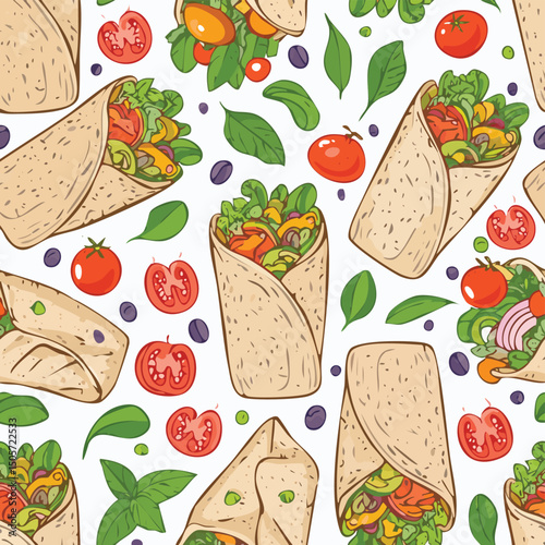 Chicken Shawarma Vector Illustration with Seamless Pattern Design