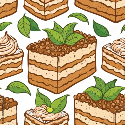 Tiramisu Vector Illustration with Seamless Pattern Design