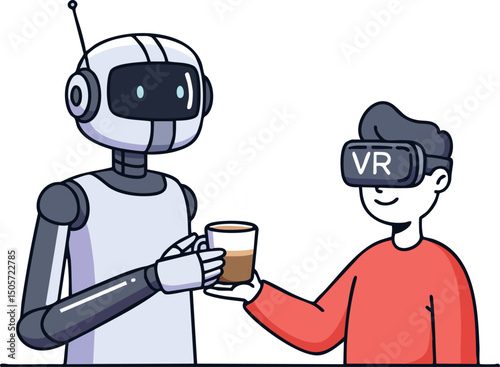 Robot and Person Using Virtual Reality Headset Sharing Drink Interaction Technology Illustration 