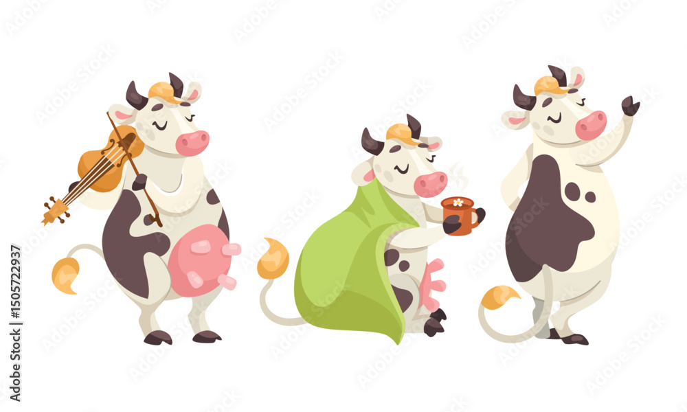 Delightful and Charming Cartoon Cows Happily Playing Various Musical Instruments While Enjoying Life Delightful and Charming Cartoon Cows Happily Playing Various Musical Instruments While Enjoying Life