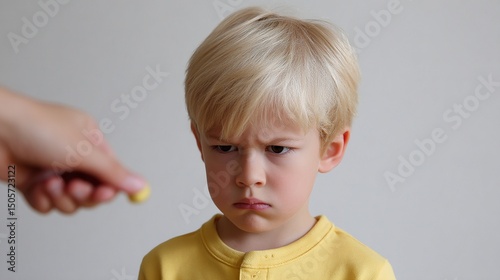 A little boy looks disappointed while staring at a hand held object. His yellow shirt adds a cheerful contrast to his mood. This image captures emotions of childhood and surprise. AI