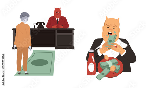 A satirical illustration that depicts the themes of greed and corruption in society vividly