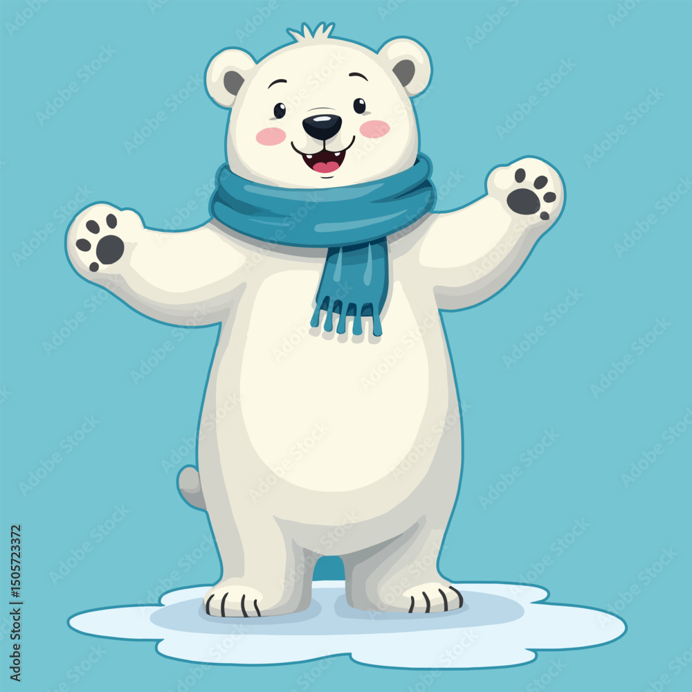 Fototapeta premium Polar Bear Vector Cartoon Snow Scarf Sitting Cute Animal Winter Illustration