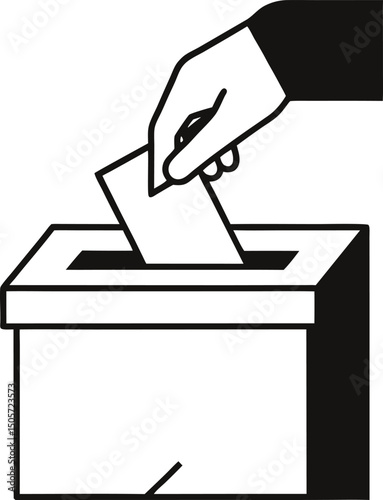 "A hand inserting a voting paper into a ballot box, minimalist line art, vector illustration on transparent background.